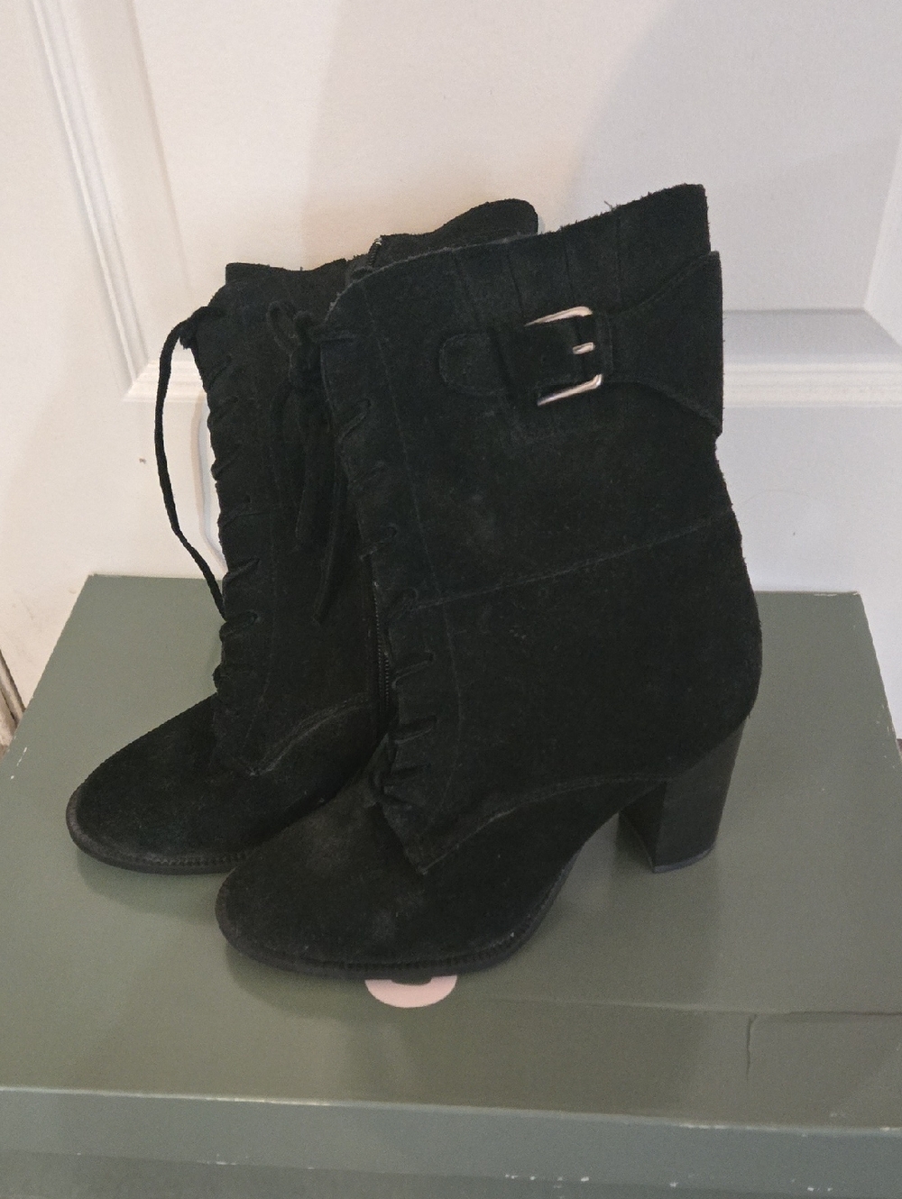 me too Black Suede Lace-Up Ankle Boots with Buckle